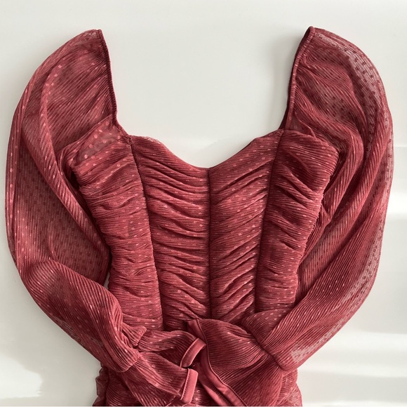 Revamped Ruched Mesh Red Burnt Orange Mini Dress With Puff Sleeves & Polla Dots - Picture 4 of 5